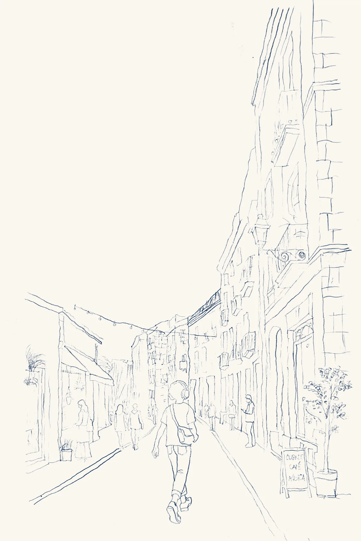 Pencil drawing of a person with headphones walking down a narrow old-town street
